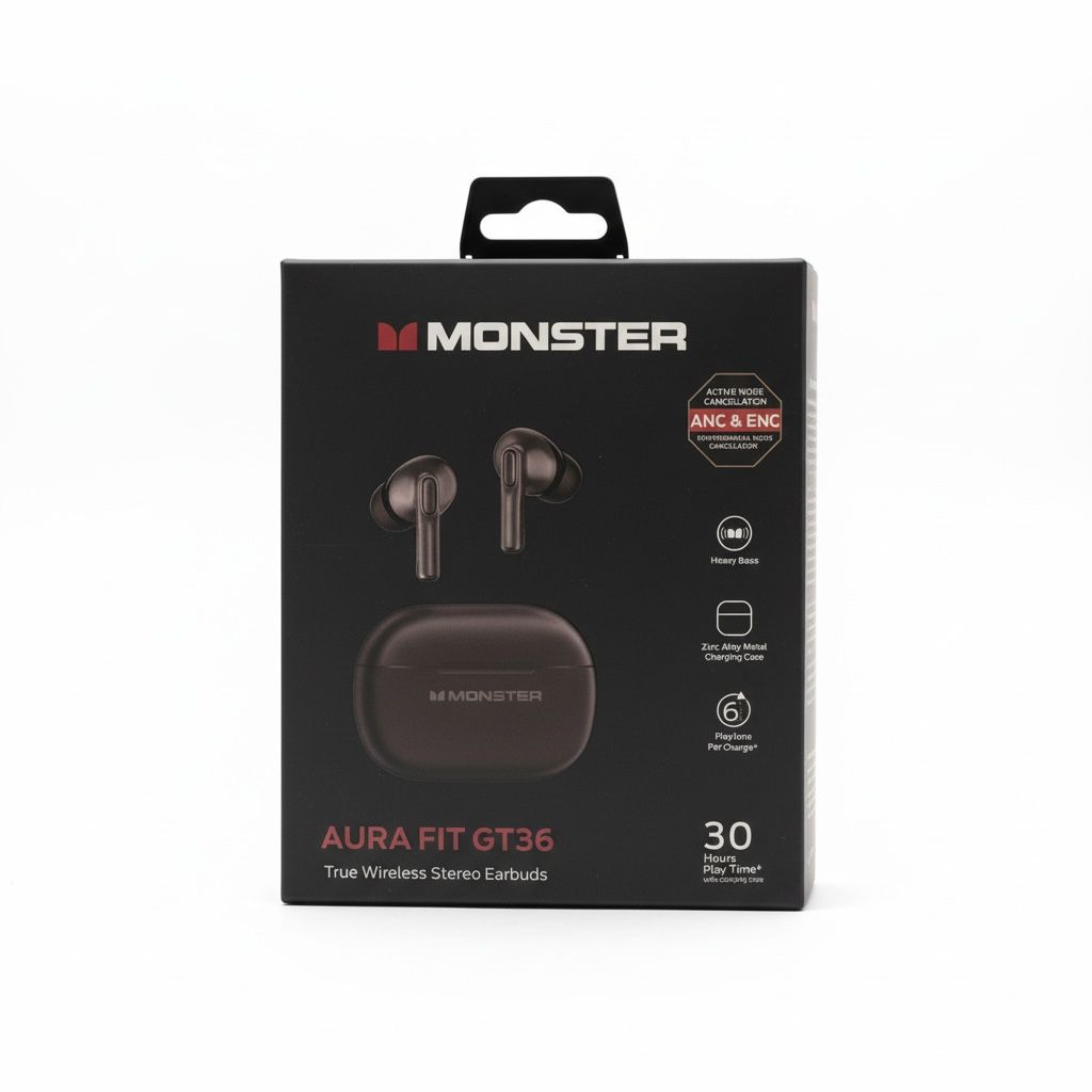 Monster Aura Fit GT36 – True Wireless Stereo Earbuds ANC + ENC Noise Cancellation • 30 Hours Playtime • Heavy Bass • Zinc Alloy Charging Case