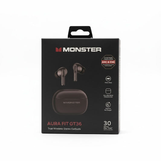 Monster Aura Fit GT36 – True Wireless Stereo Earbuds ANC + ENC Noise Cancellation • 30 Hours Playtime • Heavy Bass • Zinc Alloy Charging Case